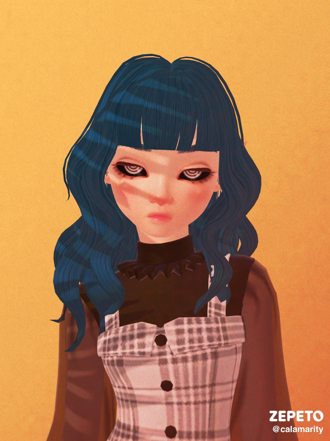 A picture taken from the app ZEPETO of my OC, Calamarity. They are a femme-presenting character and have black sclera with ringed irises + pupils, dark bluey-green hair that is wavy with a straight fringe that stops at the eyebrows. They are wearing a black semi-see-through long sleeved top underneath a grayscale monochromatic strapped dress with buttons down the front. They are looking directly into the camera and there is a tropical sunset vibe filter to the whole image, with a palm tree shadow on them. The background is yellow-orange subtle gradient. In the right bottom corner it says ‘ZEPETO @calamarity’