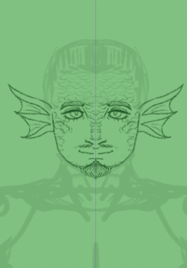 A merman with scales on most of his face and ear fins, with a goatee and small separated moustache, he has a gentle gaze. The drawing is a work in progress, with the lighter lines being the rough undersketch