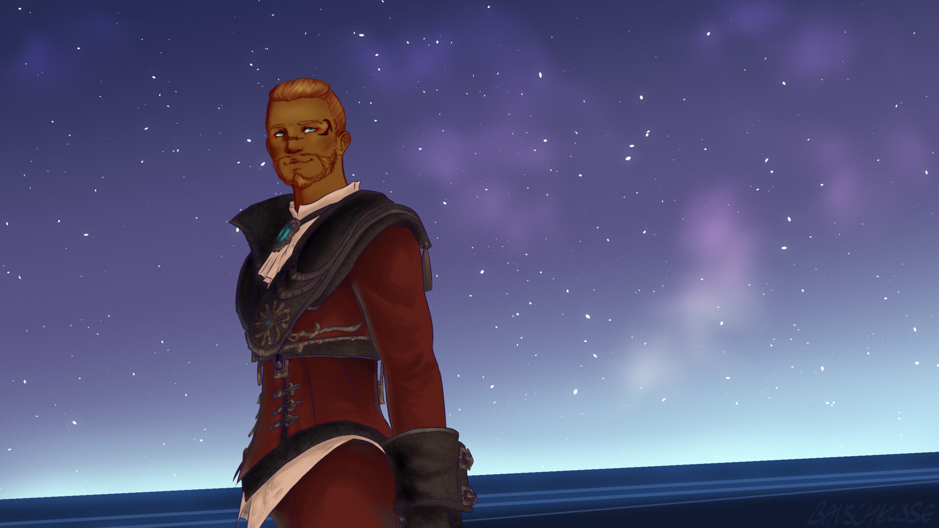 A screenshot redraw of Cyriac Goode, wearing the level 90 Red Mage artifice gear, looking fondly at the rising light