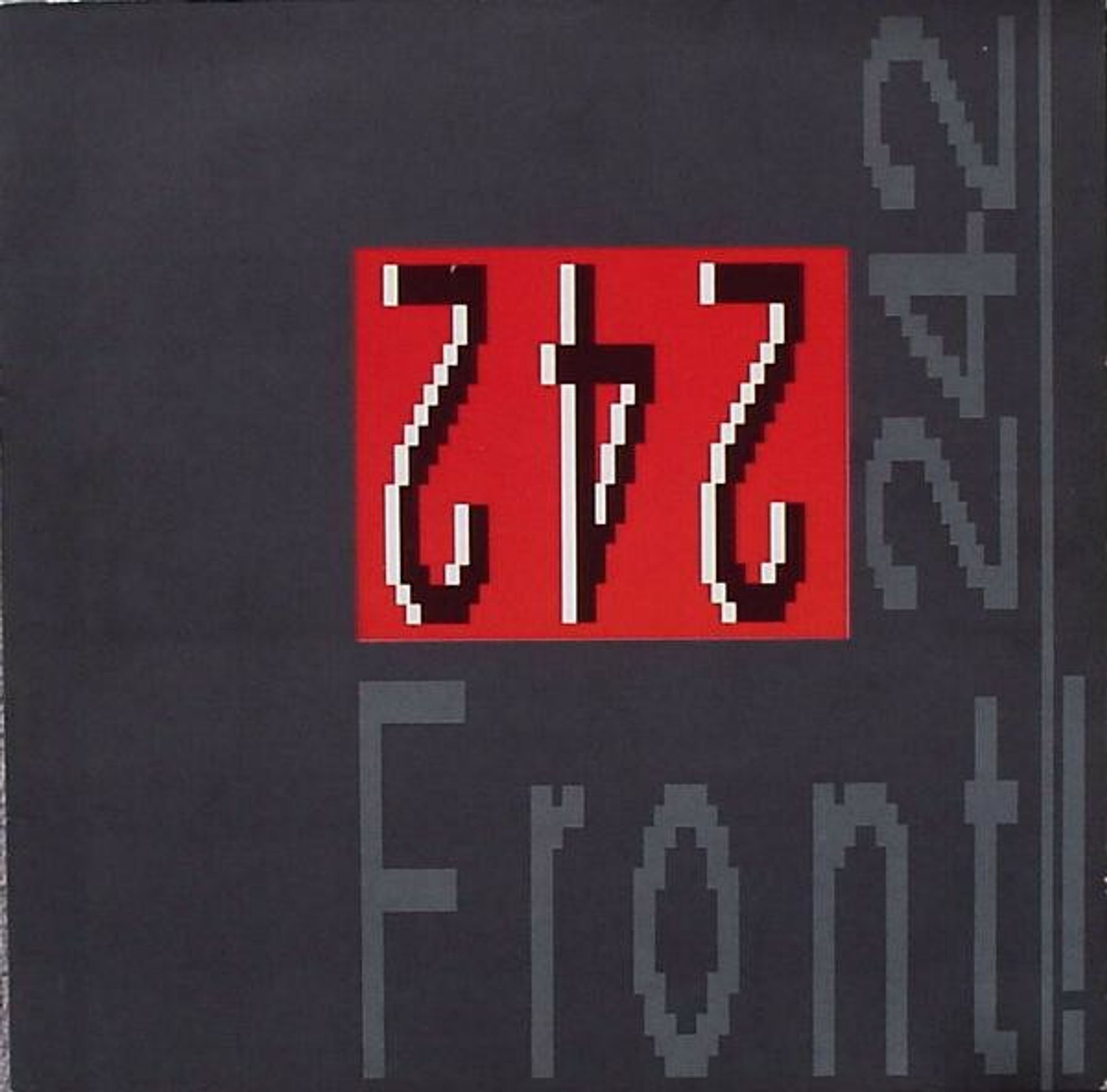 A simple album cover in dark grey with blocky writing on it liked scaled-up text from early computers. Bottom right, in pale grey, taking up a large chunk of space is the word Front. A line after the T stretches upwards to form an underline on the text for the number 242 which is rotated 90 degrees and written on the right side. Off centre, but forming a block between the two pieces of text, this time written in black with a pseudo drop shadow in white, all in a red block background, is the number 242 again, now upside down.