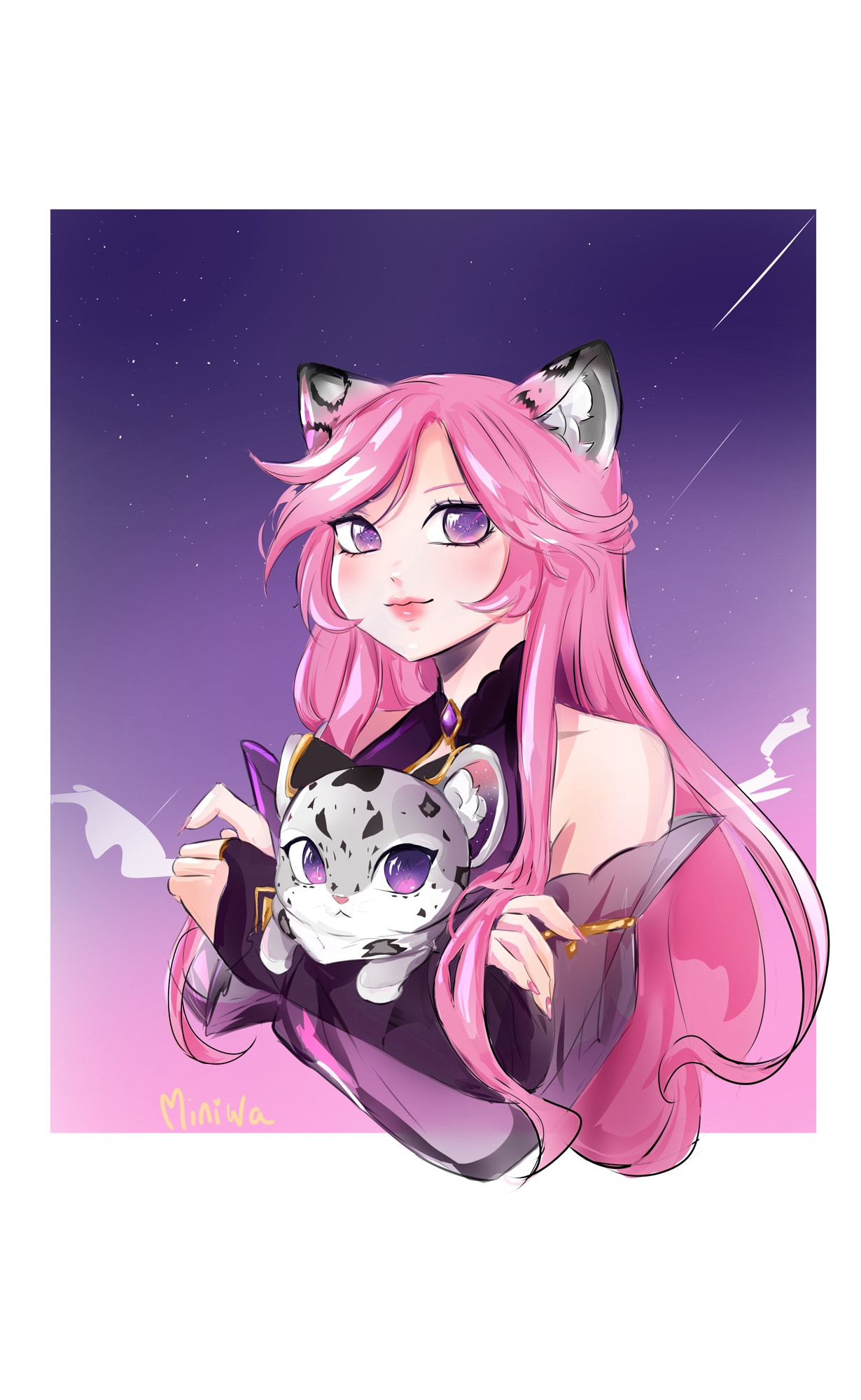 Image of vtuber model holding snow leopard mascot with a pink to purple twilight sky behind them 