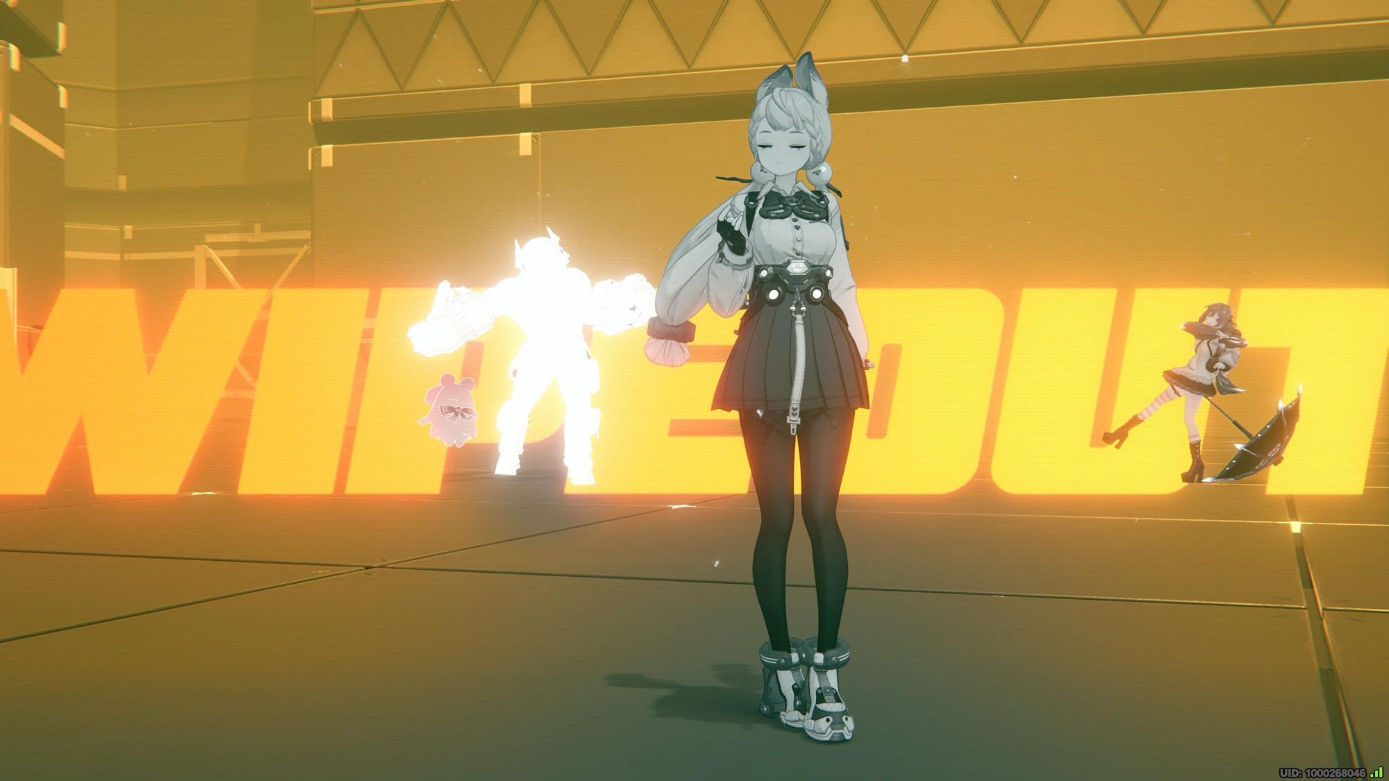 Screenshot of a wipeout screen in Zenless Zone Zero showing Alice walking away from a defeated enemy and checking her nails