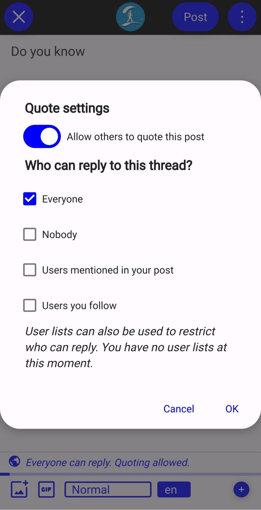 Quote and reply restrictions that can be set on a post.