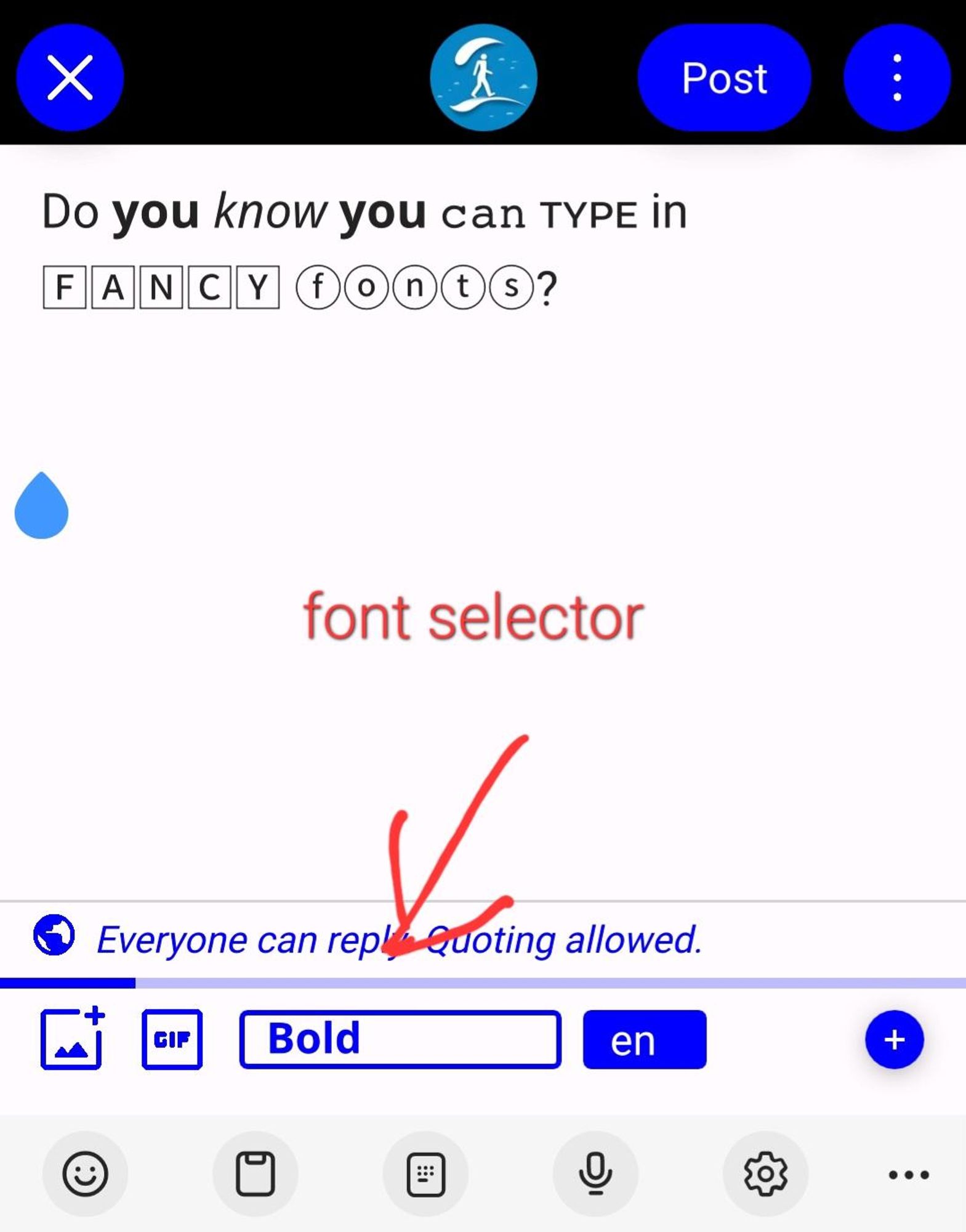 Font selector on the post composition page