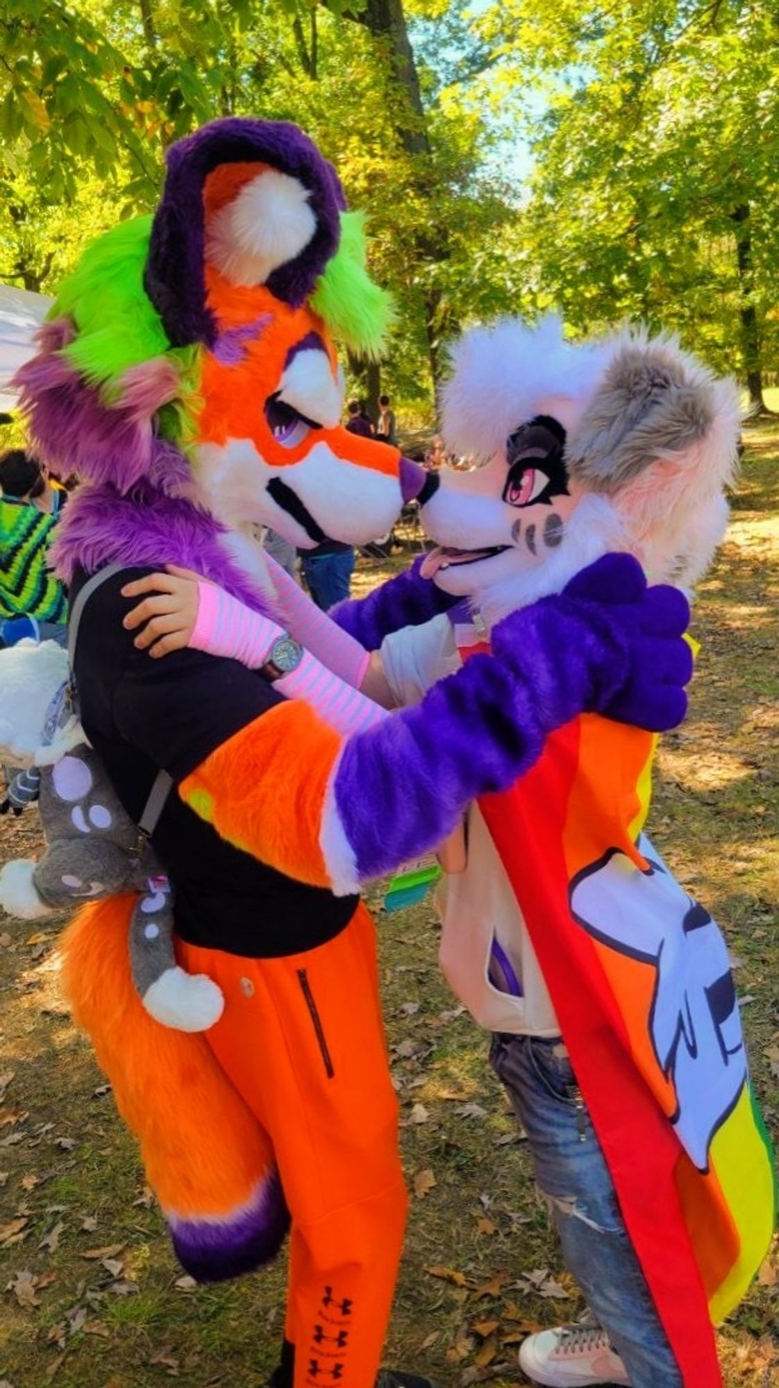 two fursuiters facing each other nose-to-nose with paws on each other's shoulder: the taller one is a vibrant maned wolf in purple, orange, and lime; the shorter one is a pink-and-white border collie wearing a boy kisser rainbow flag