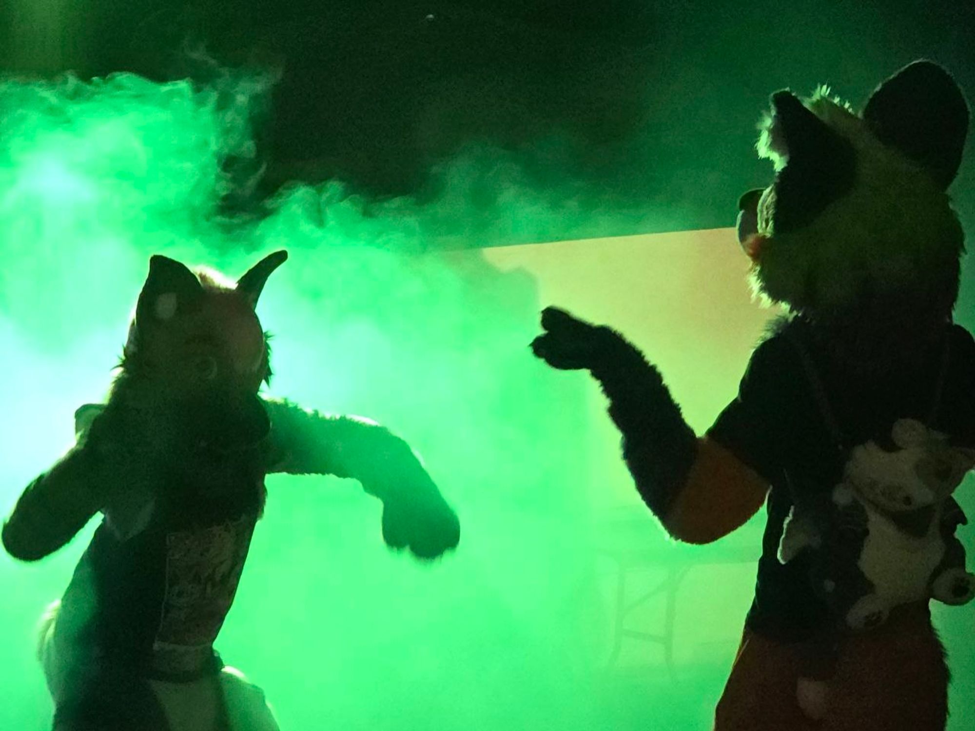 two fursuiters dancing at a rave with green light and smoke in the background