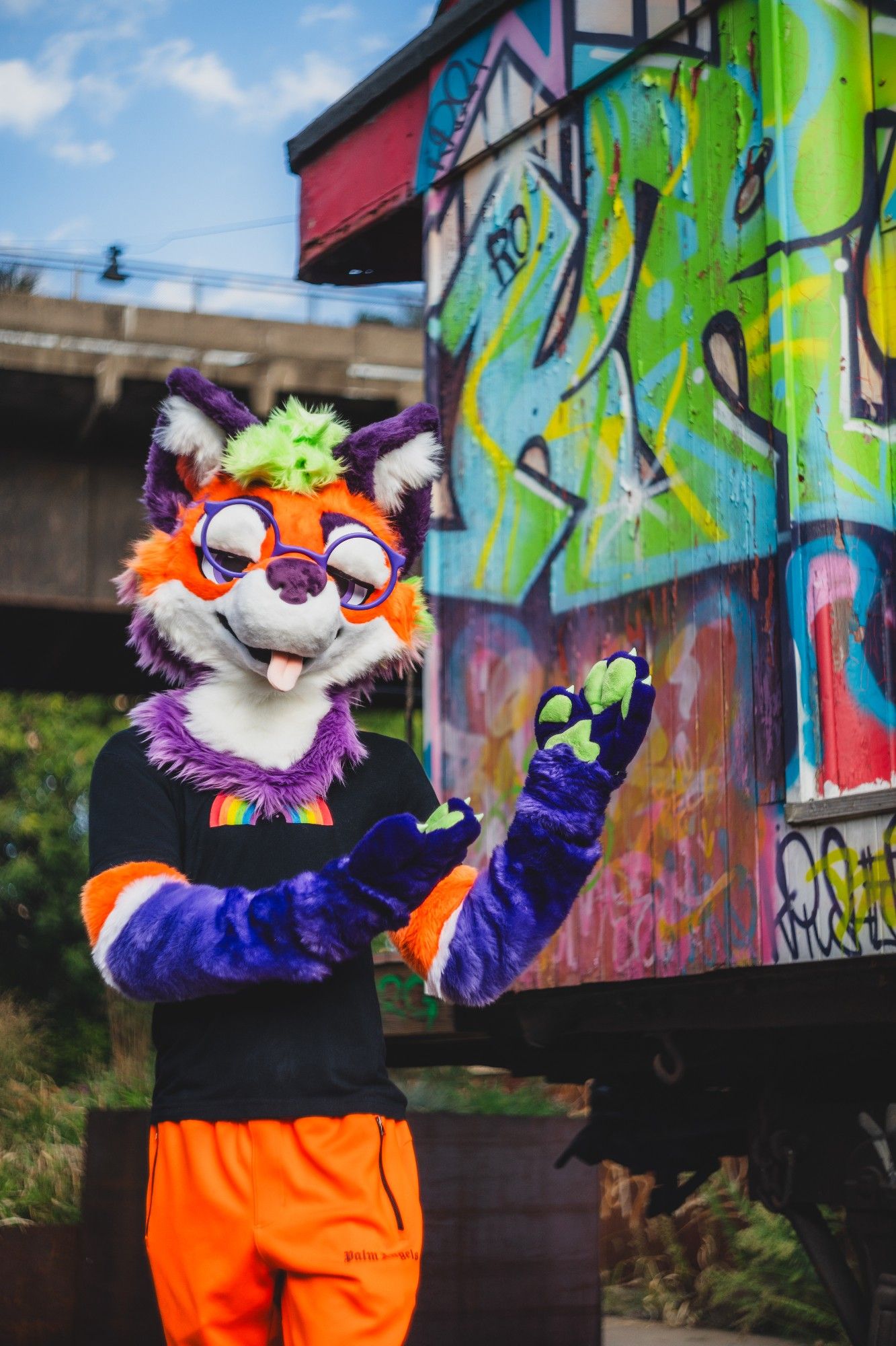 the front view of a vibrant maned wolf partial fursuiter with glasses standing near a graffitied caboose, making a gesture to present the art