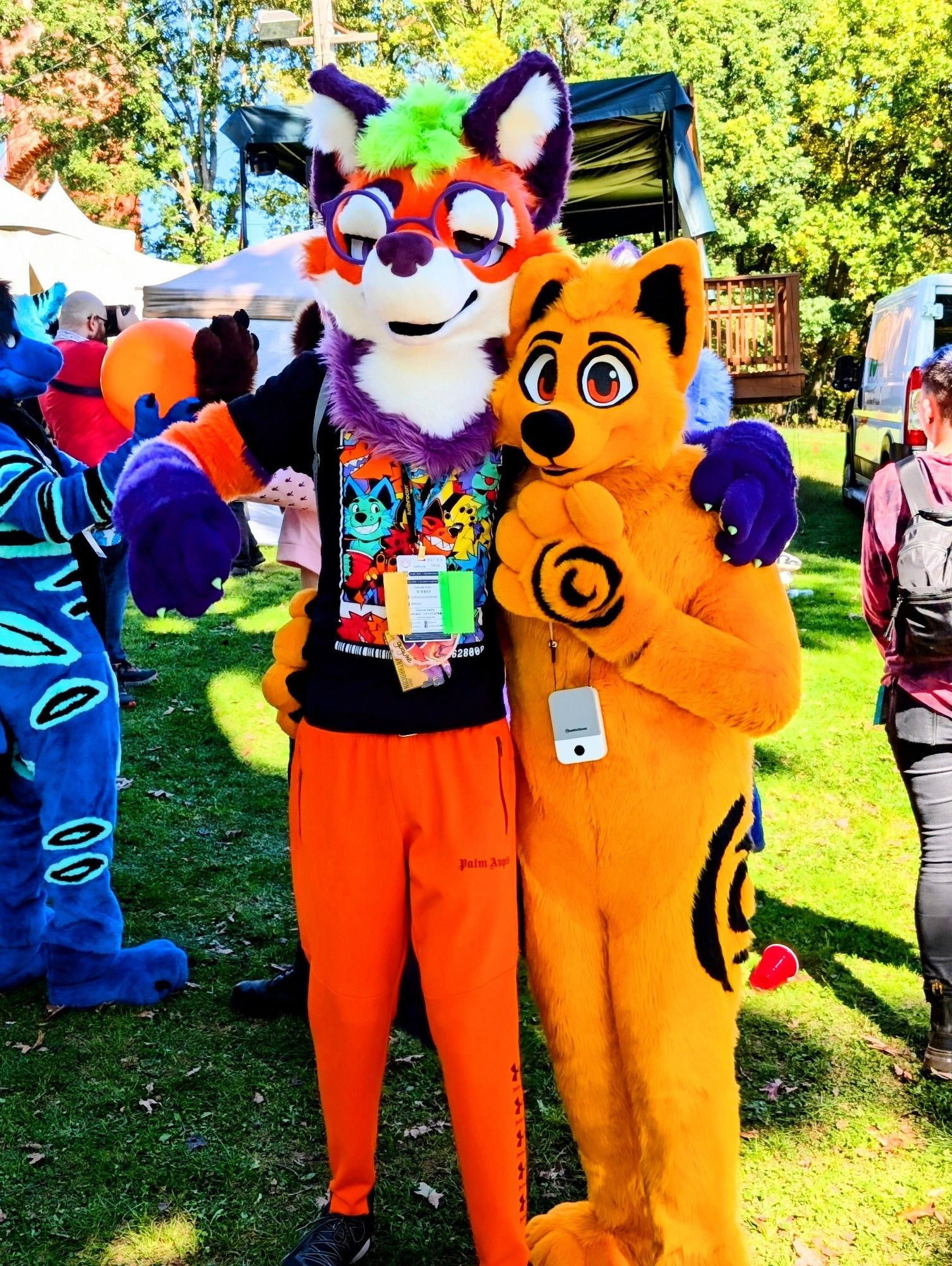 two fursuiters standing side-by-side for a photo, with a vibrant maned wolf on the left and an orange fox on the right