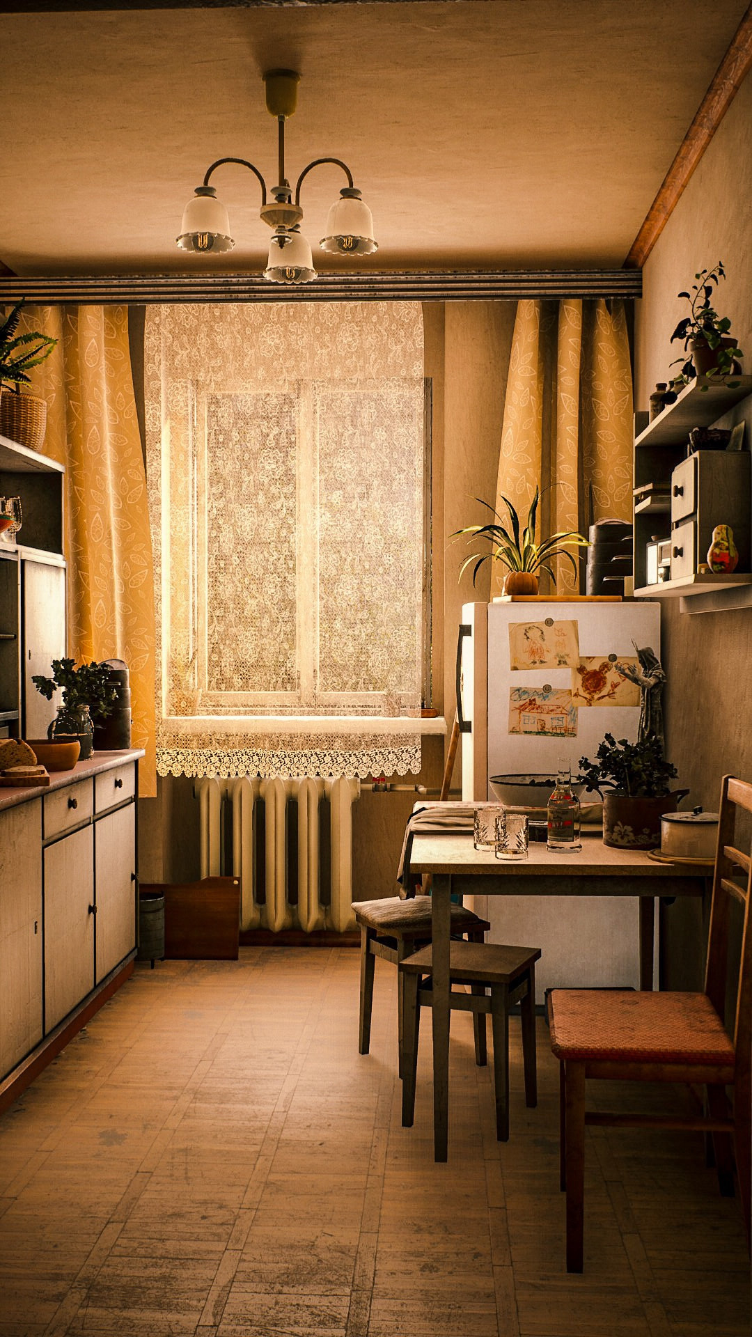 A small kitchen with a child’s drawings on the side of the refrigerator.