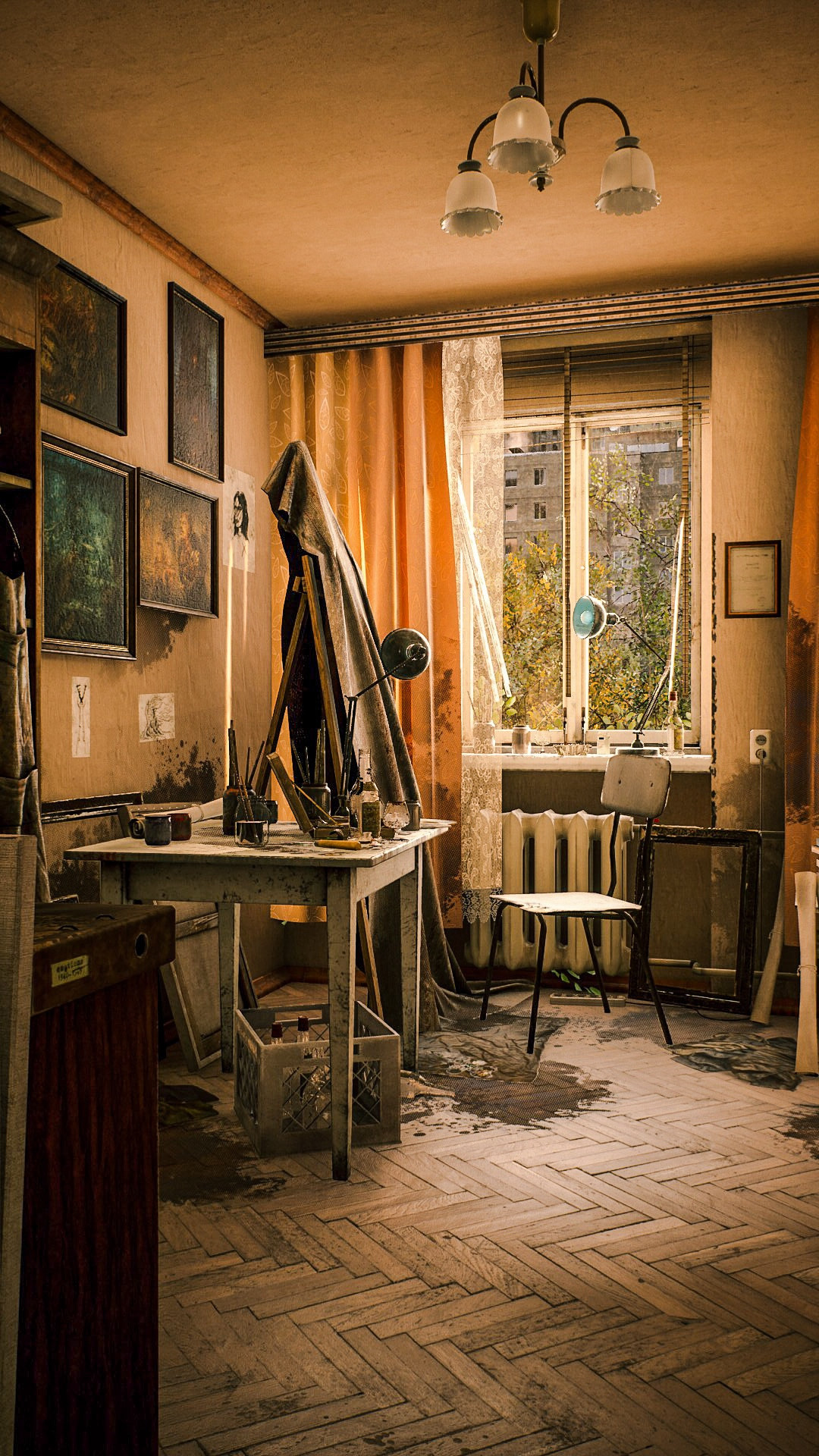 An artist’s studio room with a painting table, easel, and chair. The artist’s works hang on the wall.