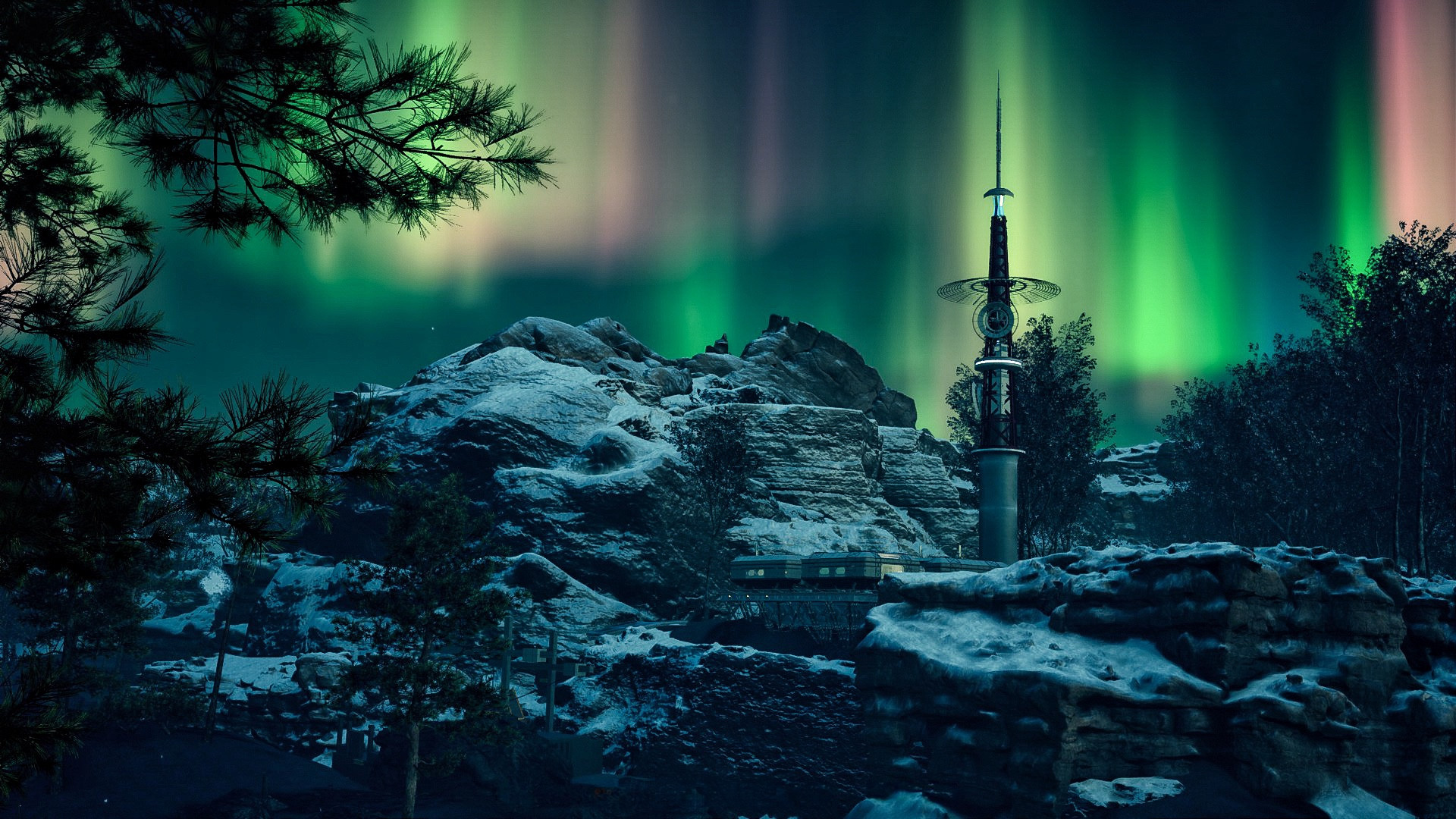 An abandoned outpost in the snow with the Aurora behind it.