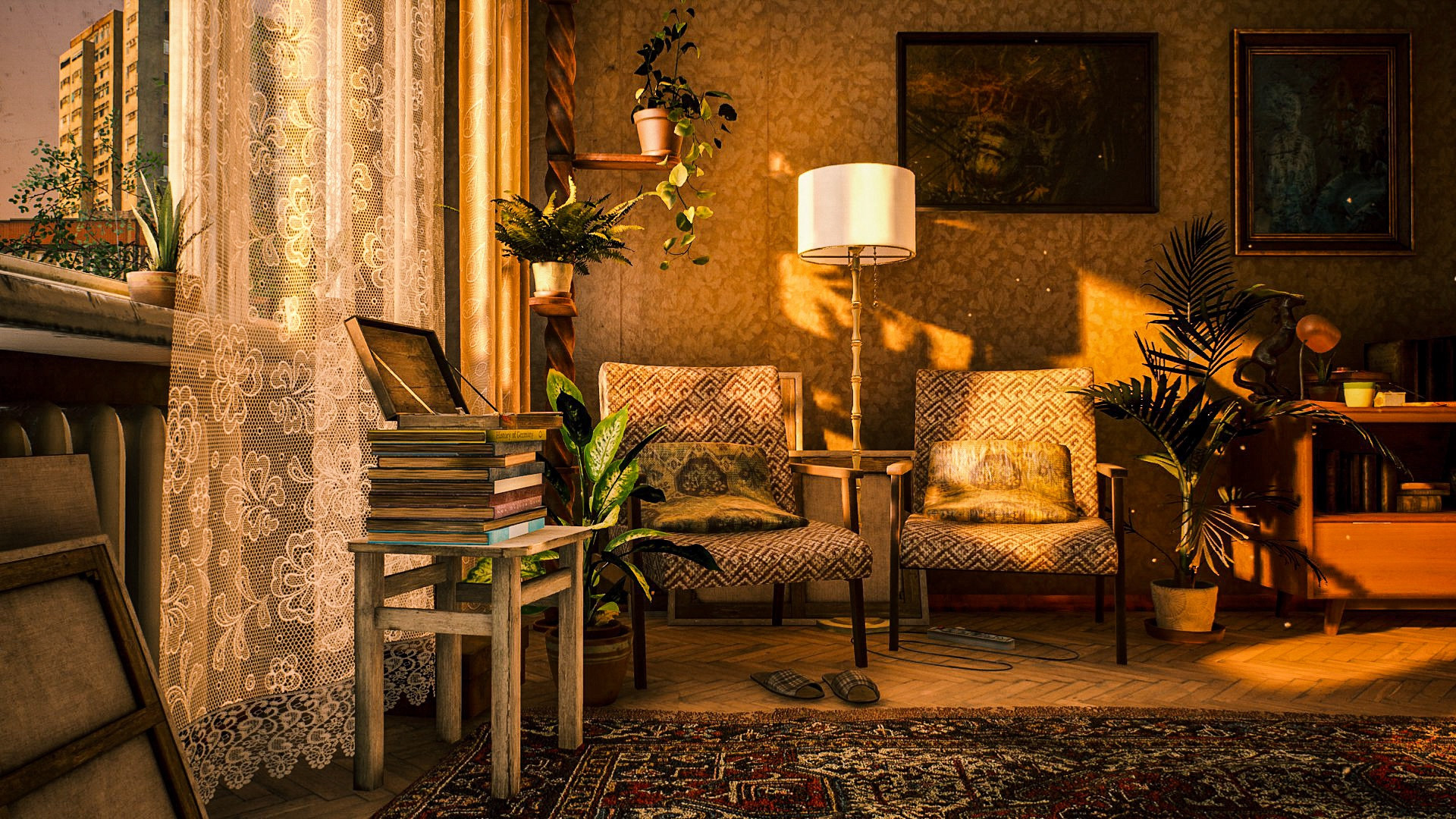 Two chairs in a living room lit by afternoon sun.