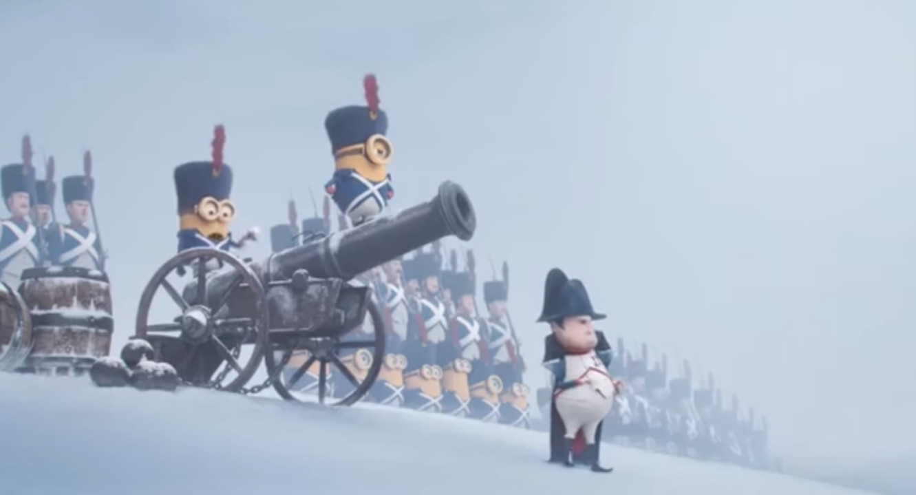 Nepoleon in the Minions movie, standing in front of a formation of Minions in military uniform.