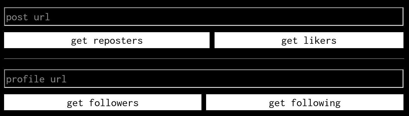blockenheimer UI: you have the option to enter a post URL and get its likers or reposters, or enter a profile URL and get its followers or following