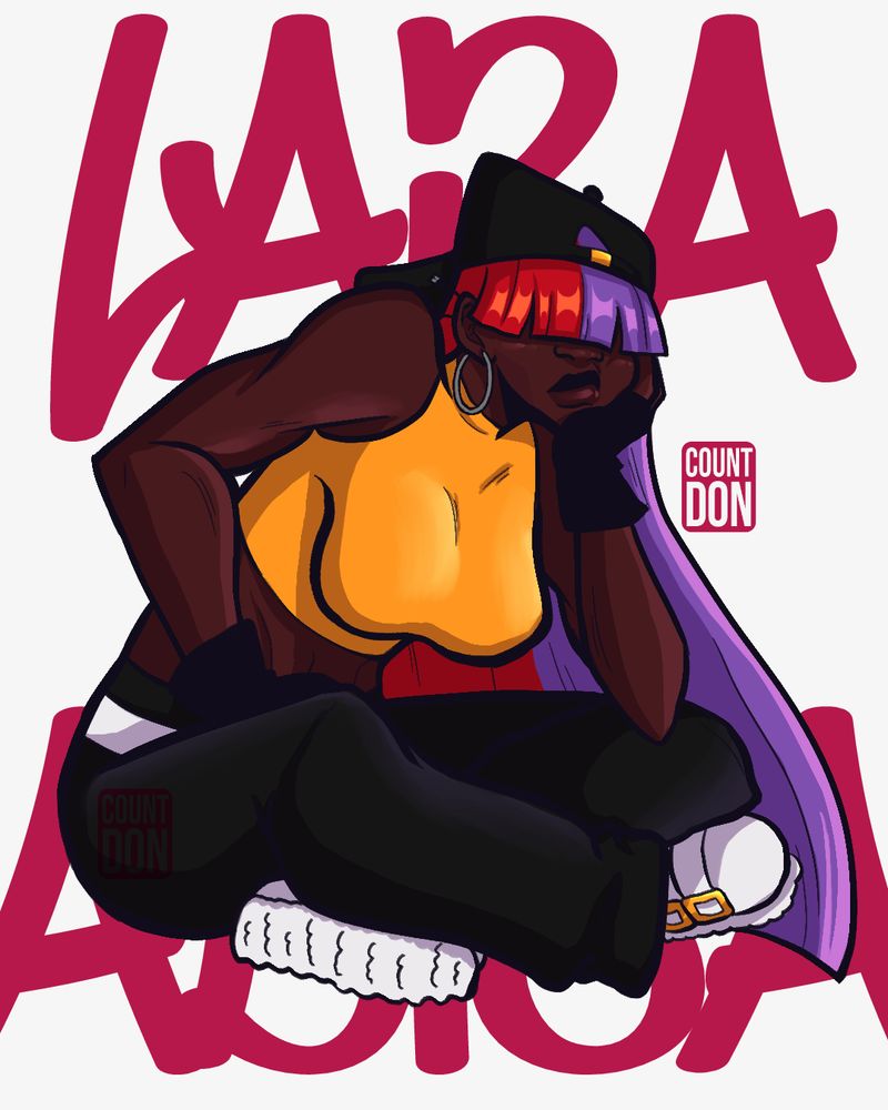 Drawing of Lara Adisa, a black woman with long straight hair and long bangs covering her face. Her hair is half red and half purple and she wears a black cap that is backwards. Her skin is really dark and has big lips, she looks slightly annoyed as she sits with her legs crossed, one hand laying on her thigh and one hand holding her own face.
She wears a yellow top alongside black cargo pants and white sneakers. For accessories she uses large silver earrings and some USB wires for ear piercings.