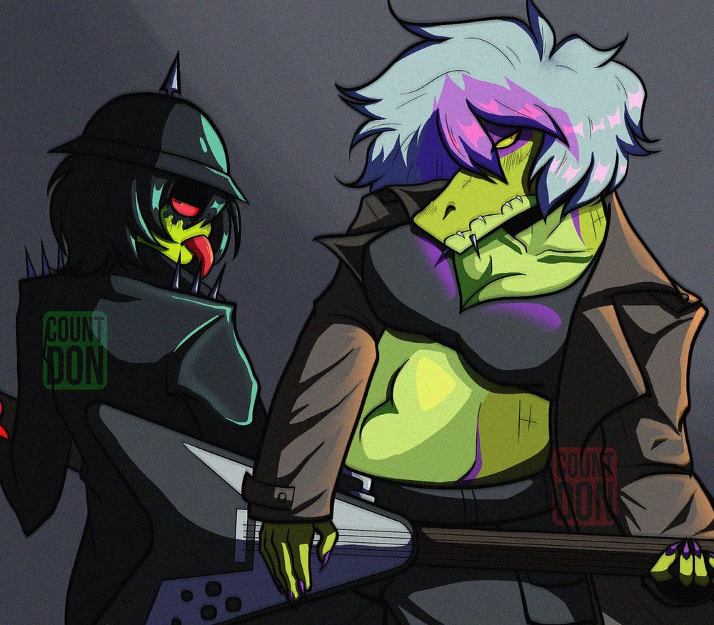 Two anthropomorphic characters, one is a frog and the other is a crocodile/alligator (?).
The frog, Mildew, has her back turned and her head is slightly facing the camera. Her skin is green, has short black hair, eyes fully red and her tongue is sticking out, she has some black pattern around her eyes. Mildew wears a huge black leather vest with spikes on her shoulder and a cap with an spike on top of it. She's playing the bass.
The croc, Waverley, is playing the guitar with a neutral face while facing the camera. She has purple patterns around her green scales, wears a black tank top and black cargo pants with a black belt around it with a brown long coat to complement the look. Her hair is light blue with her bangs colored light purple.