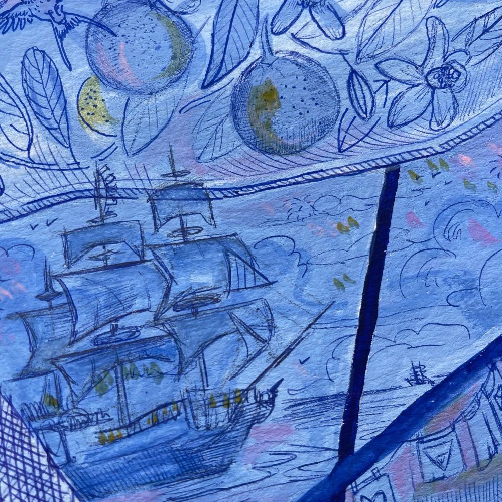 Close up of a gouache painting with pen drawings on top done in shades of blue, purple, with tiny details in white with The Revenge beneath fireworks decorated like it was in ofmd s2/ep6