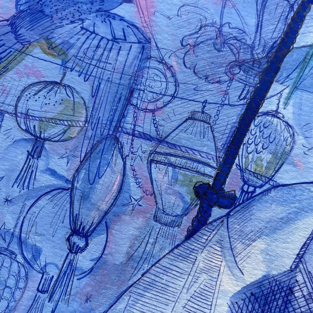 Close up of a gouache painting with pen drawings on top done in shades of blue, purple, with tiny details in white with a swallow and many shapes of lanterns from ofmd s2/ep6
