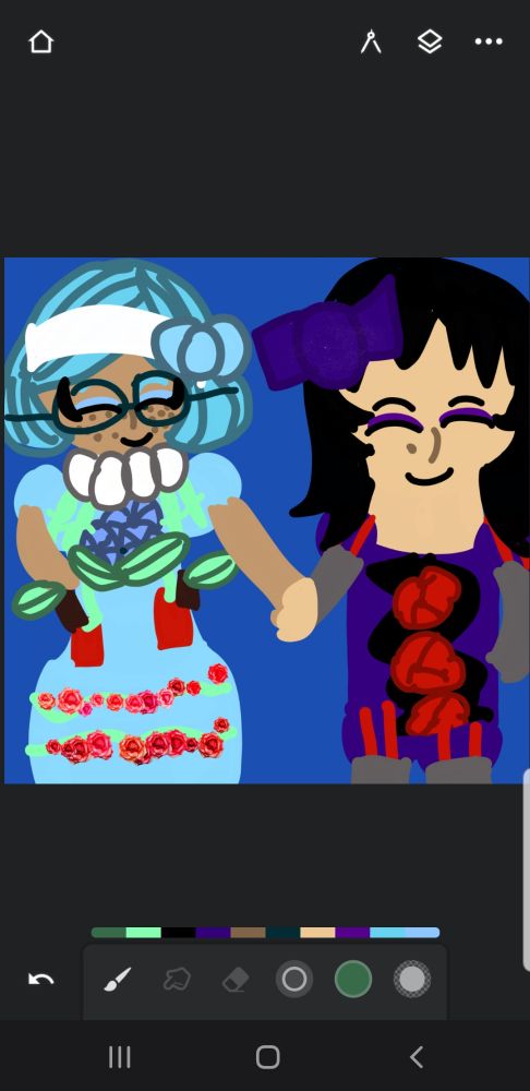 Drawing of my yuusona/Twst yumesona Victoria Hoffman and Purple oc sora dancing playfully.
Notes:I am not shipping Sora And Victoria.
I headcanon Sora would be a great big brother to Victoria<3🐦❄