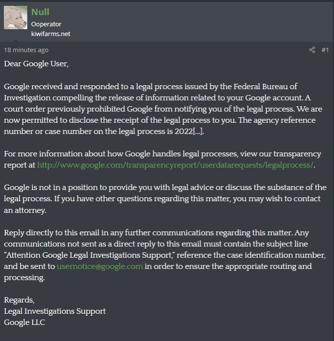Screenshot from kiwifarms admin Null (Josh Moon) showing the FBI subpoenaed his Google account back in 2022 .