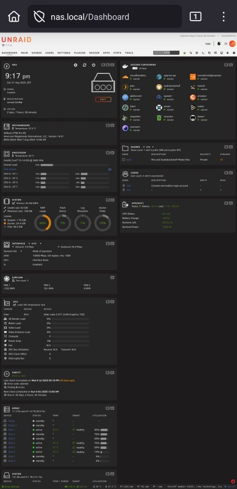 Screenshot of unraid dashboard.