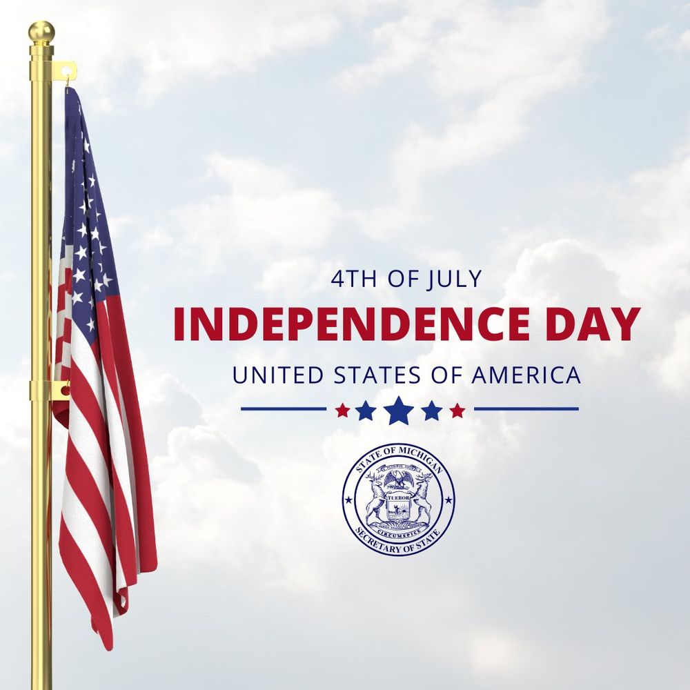 U.S. flag on a flagpole.
4th of July 
Independence Day
United States of America
Official Secretary of State seal
