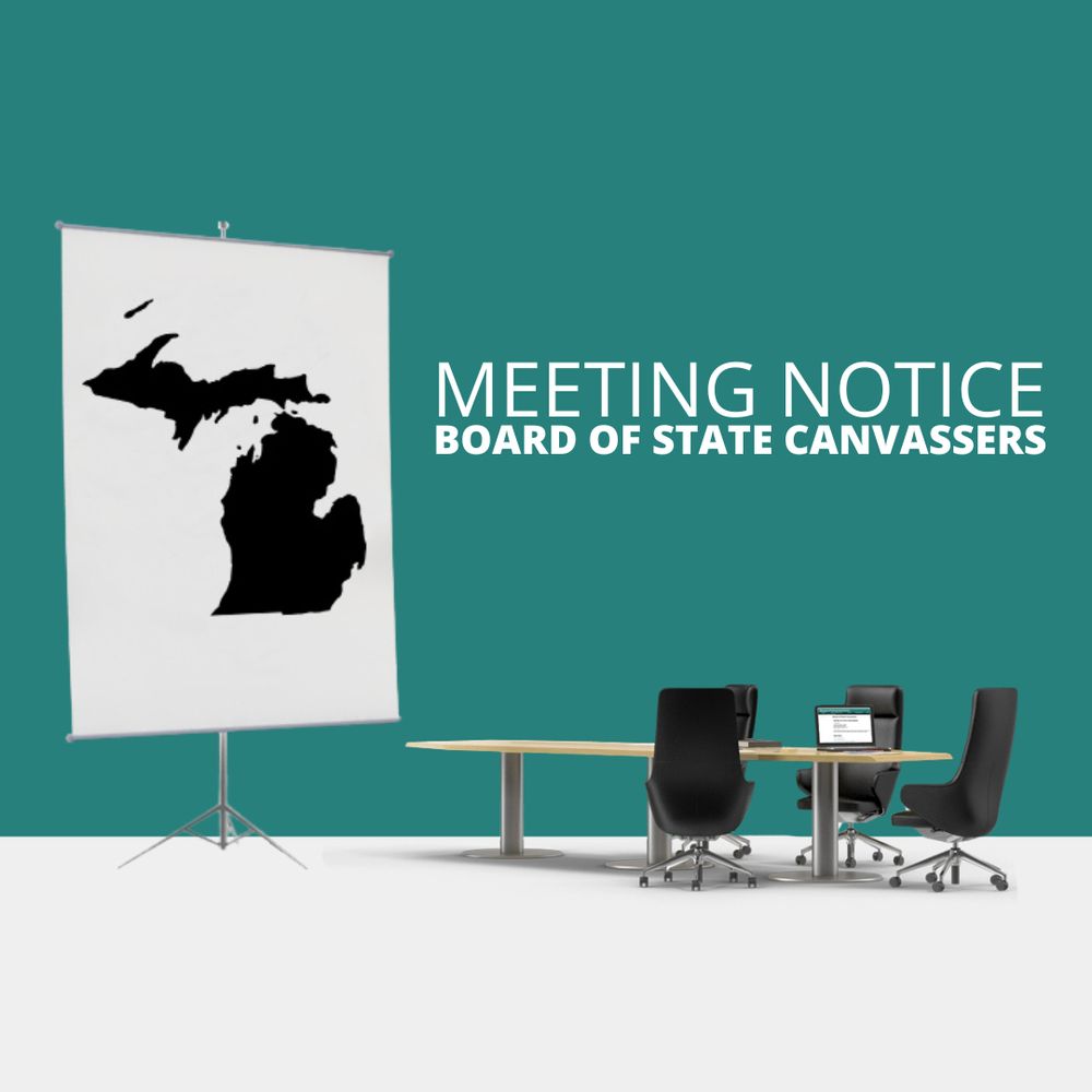 Meeting notice. Board of State Canvassers. Laptop on a table with four chairs and a nearby map of Michigan on a poster.