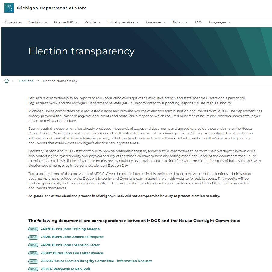 Snapshot of Election transparency page, showing introductory text and links to uploaded materials.