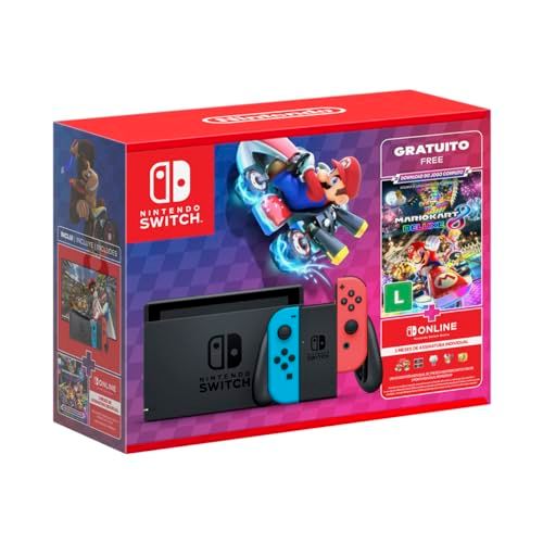 🛒 Nintendo, Console + Jogo, Switch Azul e Vermelho, Jogo Digital Mario Kart 8 Deluxe, 3 Meses de Assinatura Nintendo Switch Online