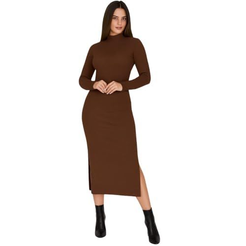 🛒 Vestido Manga Longa Gola Alta Inverno Midi Patrícia (BR, Alfa, GG, Regular, Regular, MARROM)