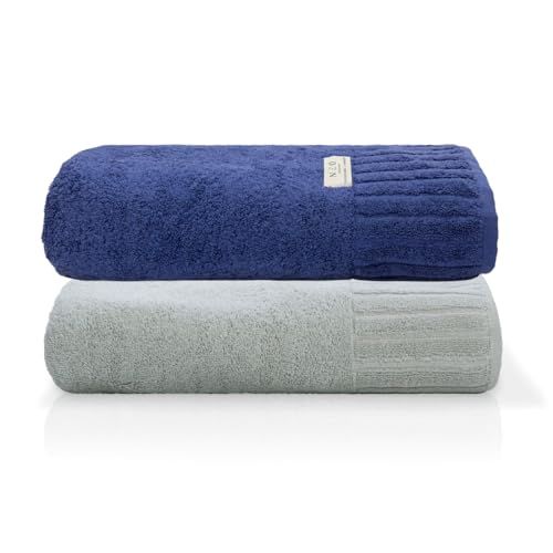 🛒 Jogo Toalha De Banho Gigante Ele/Ela Velour 500g/m², 100% Algodão, 02 Peças 85cm x 150cm, Toque Super Macio, Aconchegante, Melhor Absorção, Moderno E Sofisticado (Marinho/Limestone)