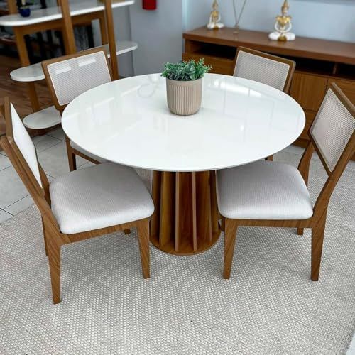 🛒 Dalla Costa, Conjunto Mesa de Jantar Redonda 4 Cadeiras Enconto Tela 100% MDF Branco/Bege Dalla Costa