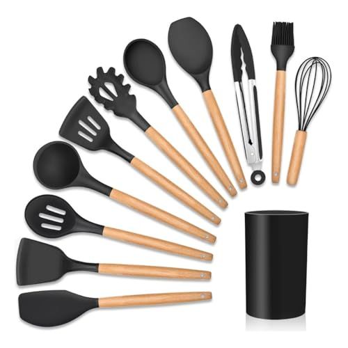 🛒 Kit 12 Utensílios De Cozinha Em Silicone E Cabo De Madeira Jogo De Utensílios Resistente ao Calor Antiaderente Premium GAXMARK (Preto)