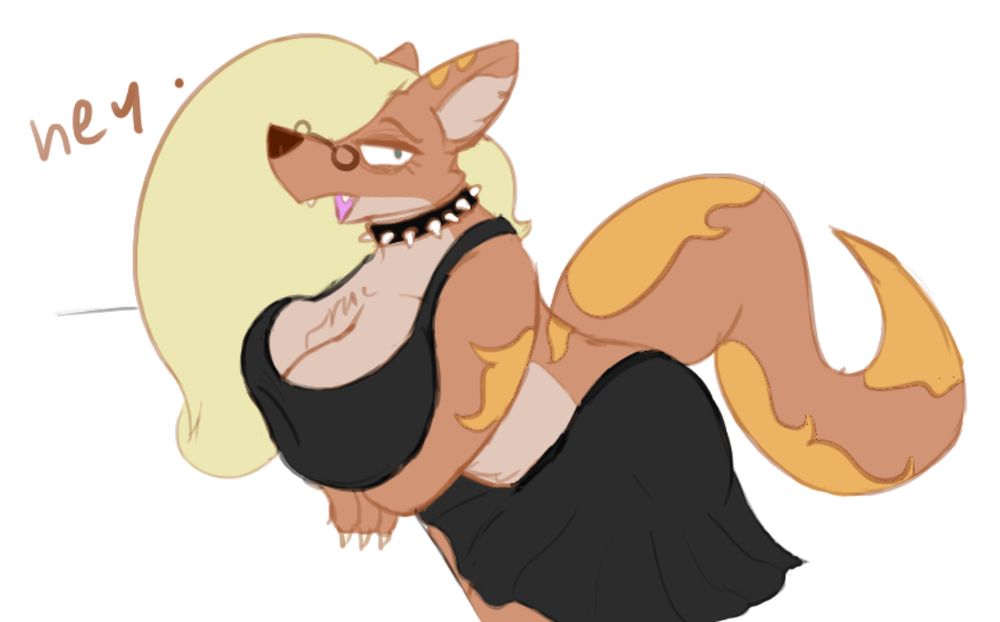 a tan fox woman leaning on a counter, wearing a skirt and a spiked collar