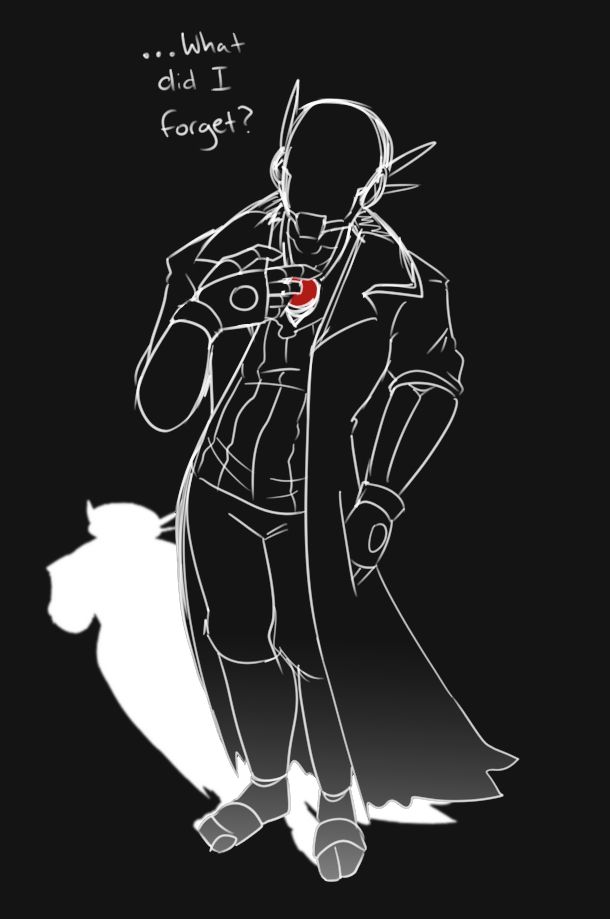 A black backdrop with sketchy white lineart of a construct looking upwards towards the viewer. He casts a white shadow against the black backdrop, and has a hand over his external, red, gem-like heart. The red heart is the only color on the piece, and the words "...What did I forget?" are written next to the construct's head.