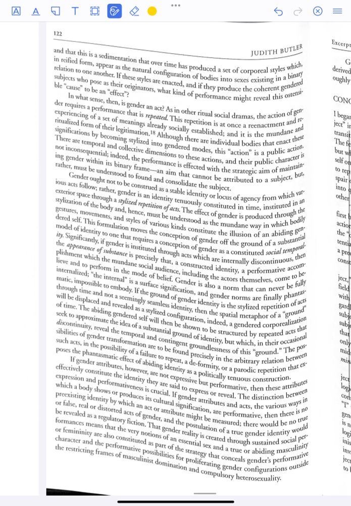 completely warped scan of a page from Gender Trouble. the lines of text are like waves