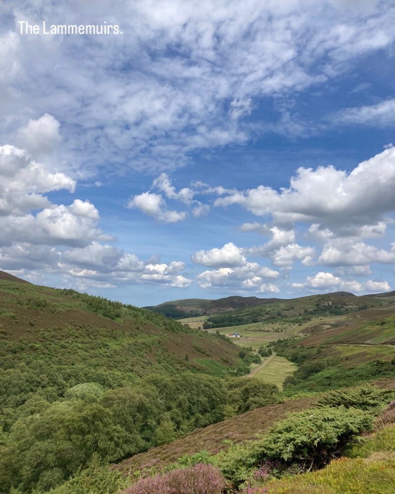 Photo of the Lammemuirs in East Lothian - landscape of moorland valley and blue sky vista with cotton wool clouds …