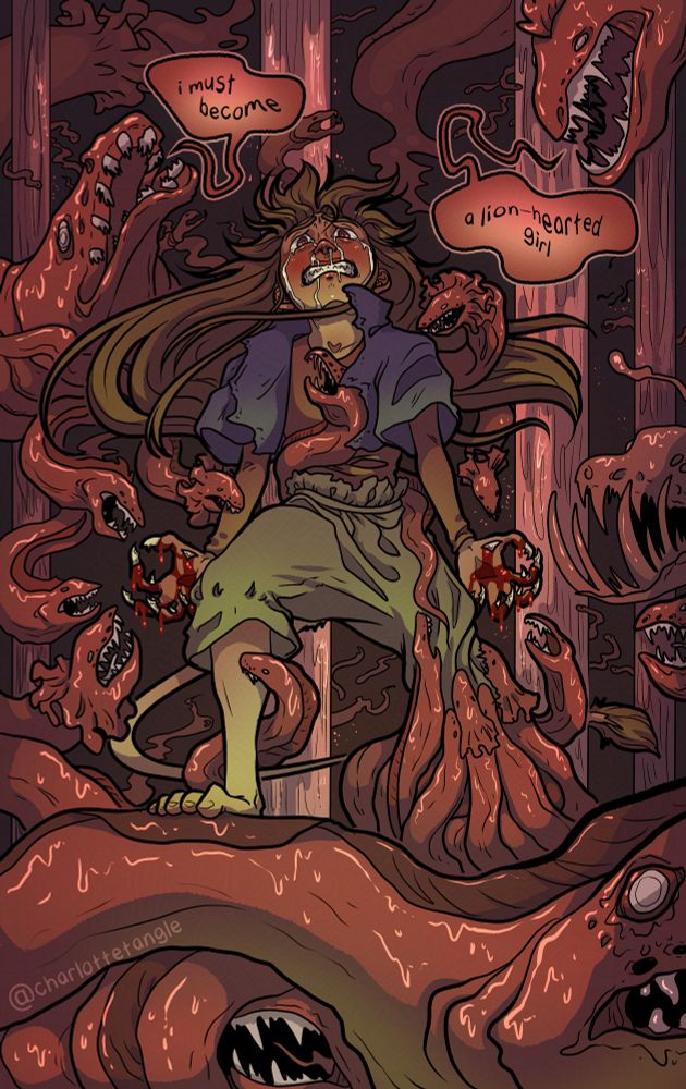 an illustration of Sette Frummagem from the comic Unsounded. She is standing in a swamp of blood eels and crying. Two of the bigger eels behind her say lyrics from "Rabbit Heart (Raise It Up)" by Florence + the Machine: "I must become a lion-hearted girl"