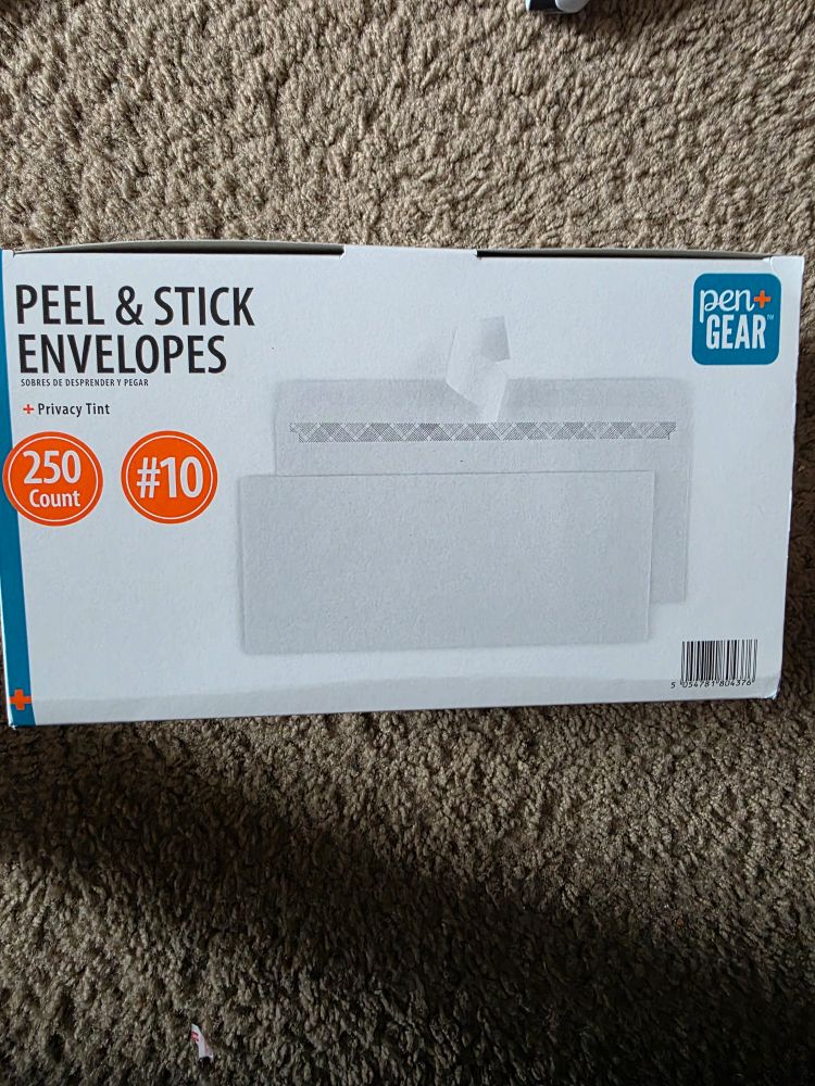 A picture of a box of 250 envelopes, ensuring I will not run into the problem of having no envelopes for my protest letters again
