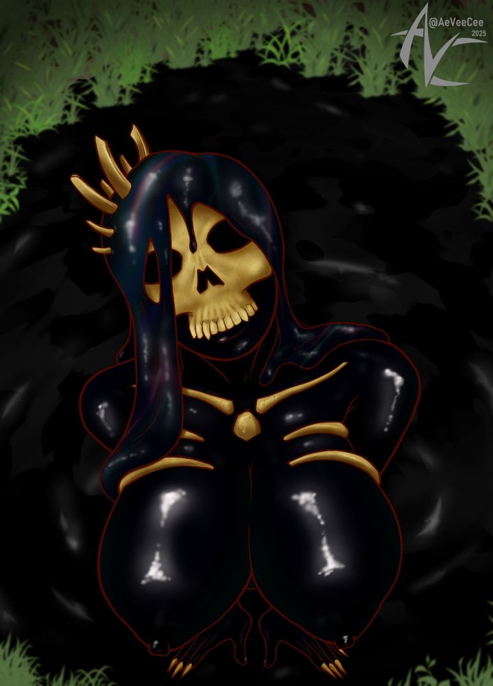 Top down view of a tar pit with a slime-woman made of tar emerging from the pool. She is wearing a human skull like a mask as well as several bones across her chest