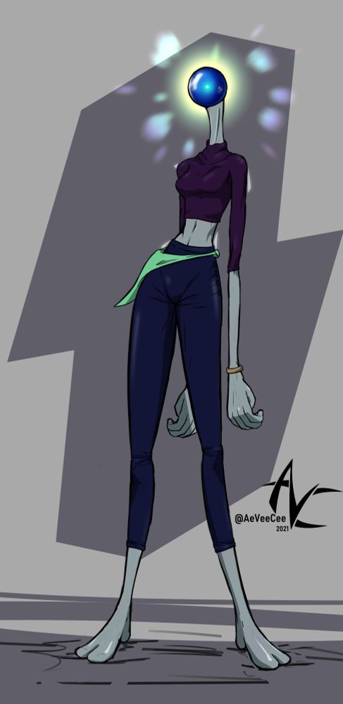 A tall alien humanoid with a crystal ball for a head wearing modern clothes that do not fit