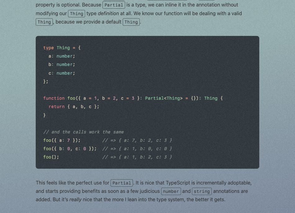 A code snippet highlighted in a bunch of colours. It's like, _ok_, but not _great_.  The text isn't important.

Post is here: https://standard.dev/posts/default-object-parameters-in-typescript/