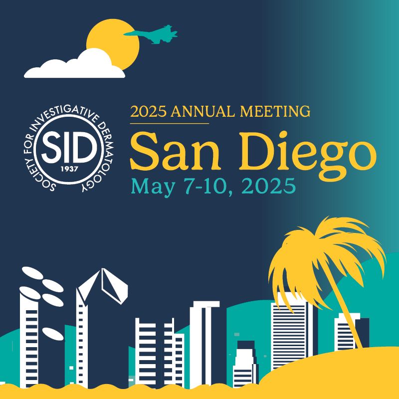 San Diego skyline illustration with sand, skyscrapers, a palm tree and jet flying across the sky, with SID 2025 Annual Meeting: San Diego May 7 - 10, 2025 written.