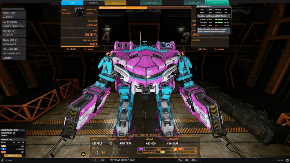A King Crab mech from MechWarrior Online in trans colors