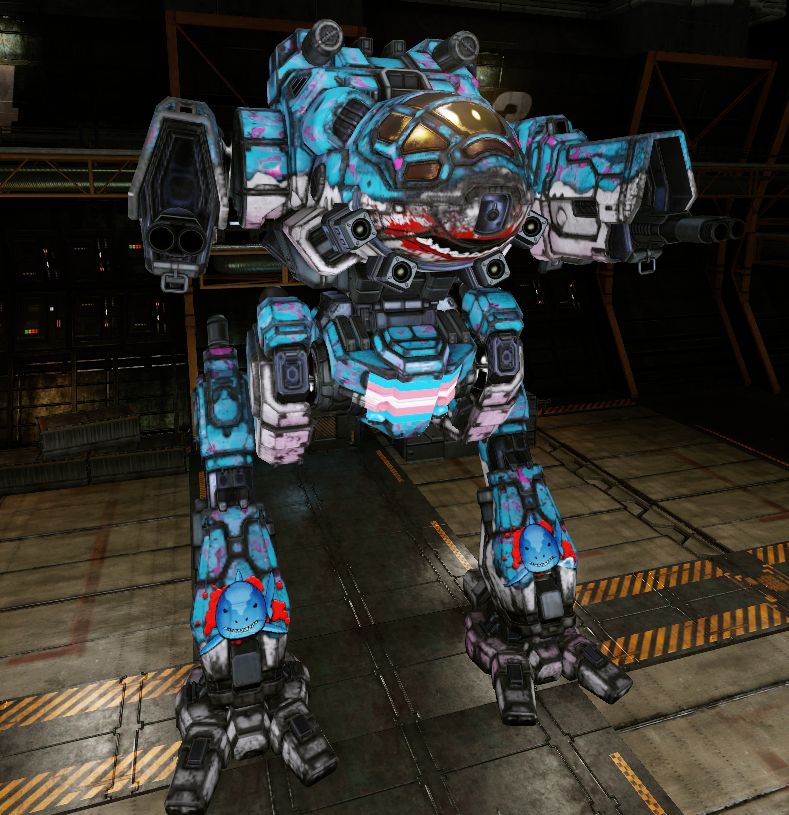 A MadCat MK2 mech from MechWarrior Online in trans colors and a shark mouth design