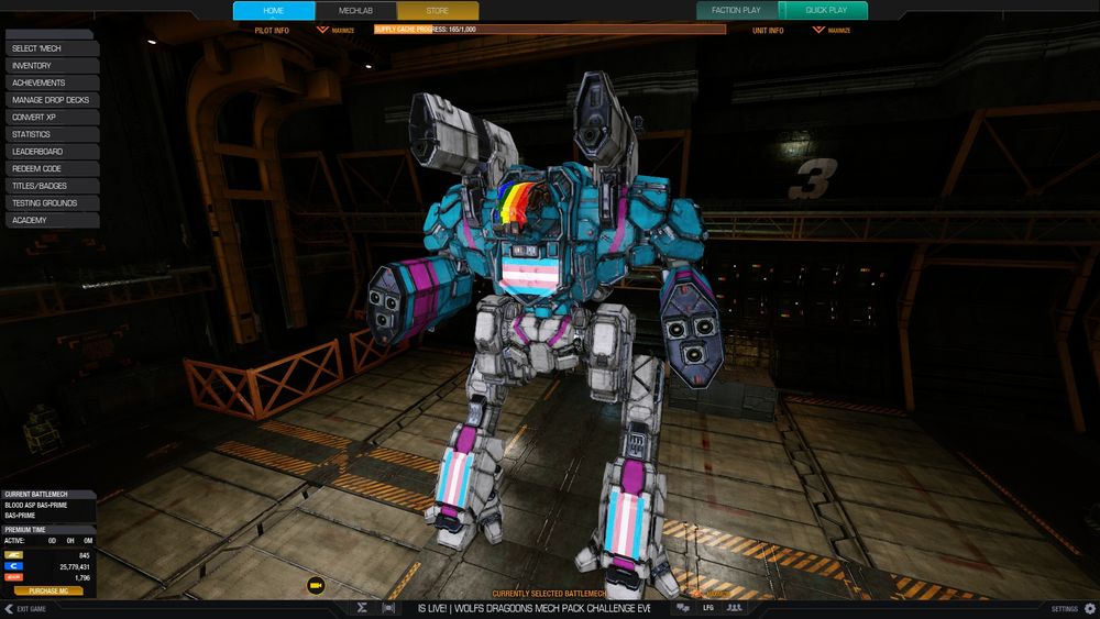A Blood Asp mech from MechWarrior Online in trans colors