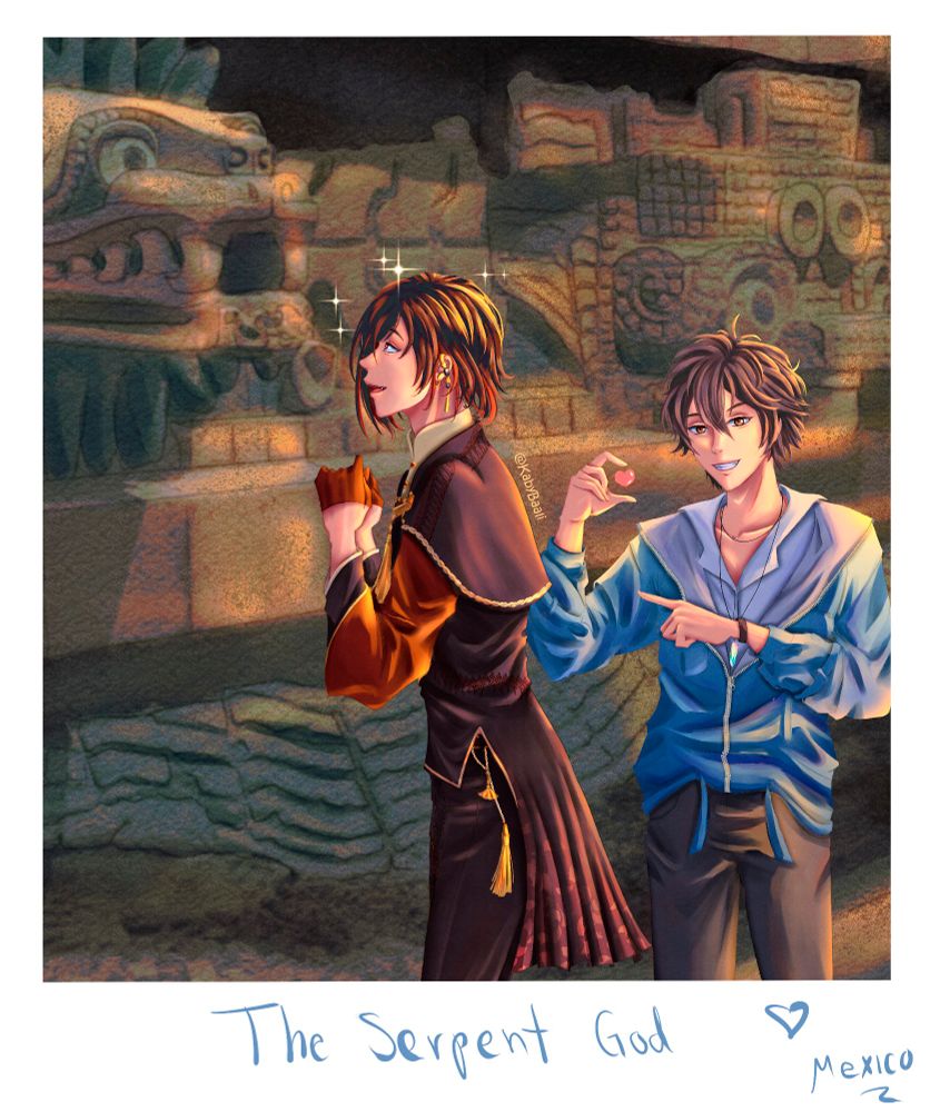 Yakumo and Eiden visiting the museum. Yakumo is admiring the statue in honor of Quetzalcoatl, who happens to be a serpent as well