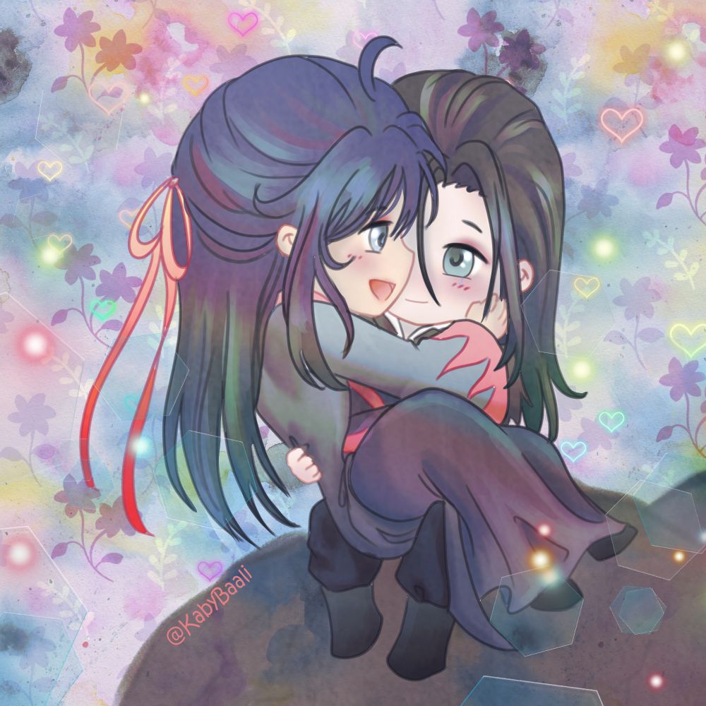 Wei Wuxian sitting on Wen Ning's lap and cupping his cheek