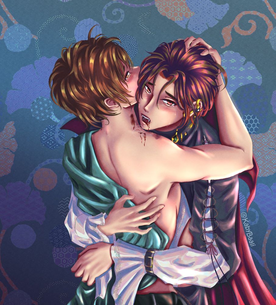 Yakumo biting Eiden's neck and shoulder while holding him