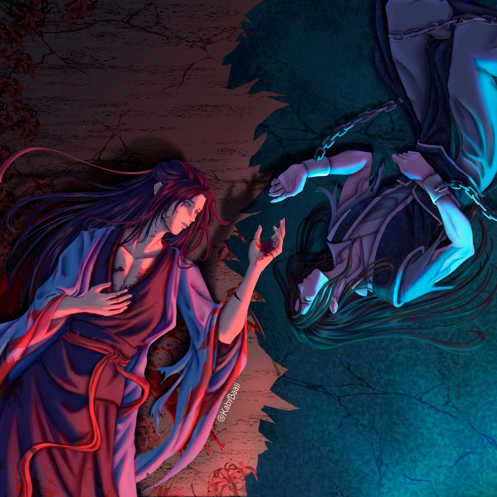 Yiling laozu, wounded and reaching his hand to something. On the other side is Wen Ning, reaching his hand as well. Even though they're far, their shadows are almost touching